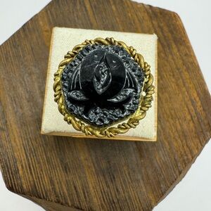 West Germany vintage ring Pisces zodiac symbol black etched glass adjustable